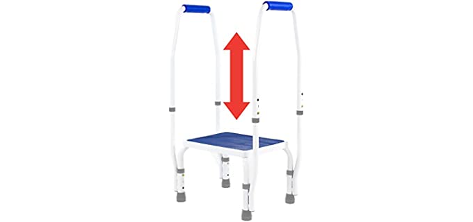 AdjustaStep(tm) DoubleSafe Deluxe Step Stool/Footstool with Dual Handle/Handrail, Height Adjustable. Modern White/Blue Design. Padded Non-Slip Hand Grips