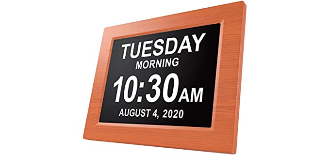 American Lifetime, Newest Version, Day Clock Extra Large Impaired Vision Digital Clock with Battery Backup and 5 Alarm Options, Brown Wood Color