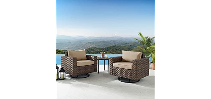 Art Leon Patio Bistro Set 3 Pieces Conversation Set Patio Furniture Swivel Rocker Patio Chairs Outdoor PE Rattan Wicker Rocking Swivel Chair with Coffee Table and Cushions, Khaki