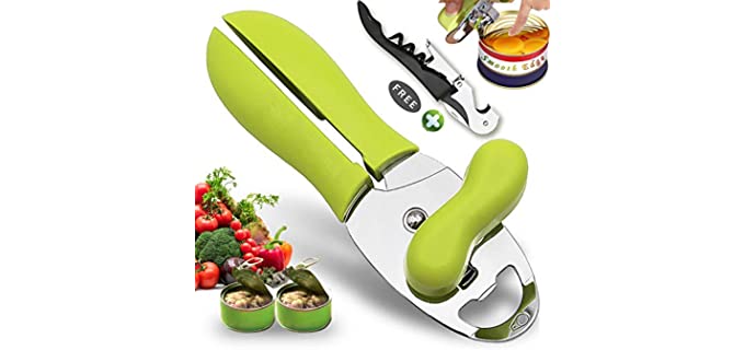 Can Opener Handheld, Hand Can Opener with Waiter Corkscrew, Manual Can Openers for Seniors with Arthritis, Can Openers HandHeld Smooth Edge Good Grip Handle, Hand Can Opener Camping/Kitchen, Green