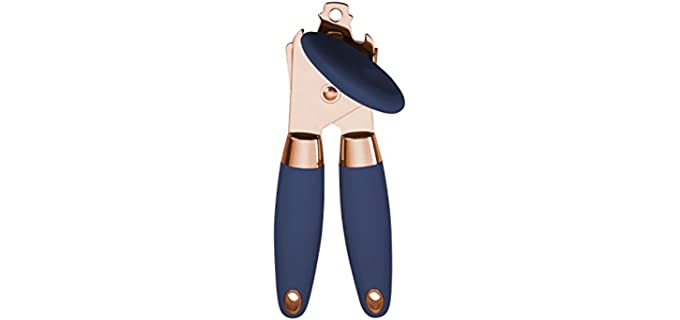 Cook With Color Deluxe Manual Rose Gold Quality Stainless Steel Can Opener With Durable Navy Blue Anti Slip Handles and Large Knob with Built In Bottle Cap Opener (Rose Gold and Navy)