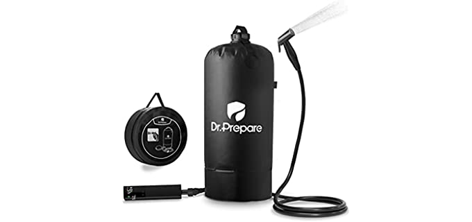 Dr. Prepare Portable Camping Shower, 4 Gallons/15L Outdoor Electric Camp Shower with Rechargeable Air Pump, Upgraded Screw Lid, Two Spray Modes, Solar Shower for Beach, Camping, Hiking Trip