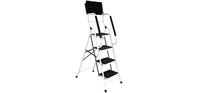 EdMaxwell 4 Step Ladder with Handrails 500 lb Capacity Step Stool Folding Portable Ladders for Home Kitchen Steel Frame with Non-Slip Wide Pedal Stepladder with Attachable Tool Bag