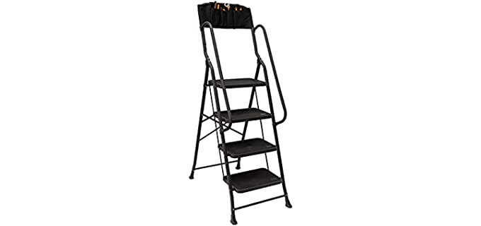 FOOWIN Step Ladder, 4 Step Folding Ladder with Handrails, Portable Steel Step Stool Wide Pedal Ladder Non-Slip Step Ladders for Home Office Kitchen with Detachable Tool Bag (4 Step)