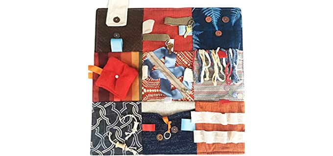 Fidget Quilt Handmade in the U.S.A. for People with Memory Loss. Alzheimer's Blanket and Dementia Toy. Blue & Rust. Size 21” x 21”