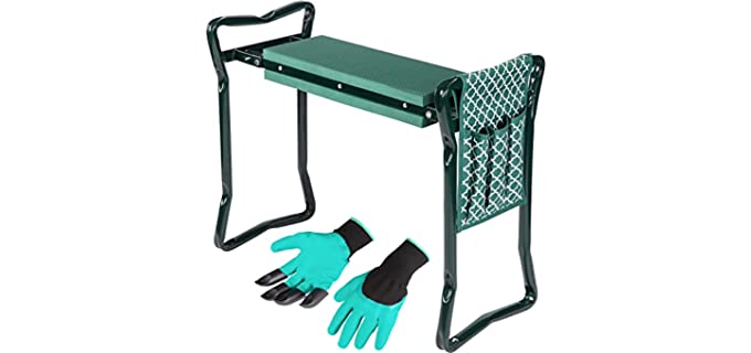 Garden Kneeler And Stool - Foldable Garden Seat For Storage - EVA Foam - Heavy Duty and Lightweight Gardening Yard Tools - Great for Gardening Gifts for Women - Bench Comes With Tool Pouch and Gloves