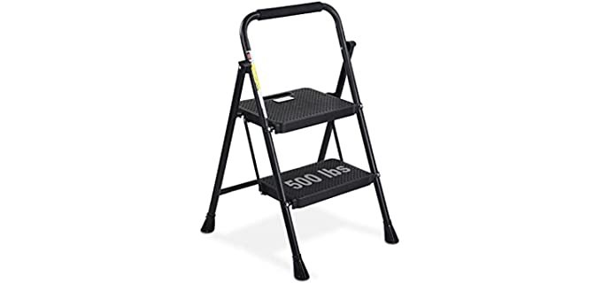 HBTower 2 Step Ladder, Folding Step Stool with Wide Anti-Slip Pedal, Sturdy Steel Ladder, Convenient Handgrip, Lightweight 500lbs Portable Steel Step Stool, Black