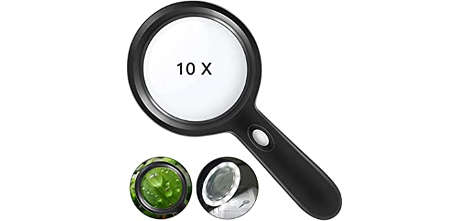 HYOIIO Magnifying Glass with Light, Lighted Magnifying Glass 10X with 12 LED Lights for Seniors Kids- Large Magnifying Glass for Reading, Inspection, Coins, Jewelry, Explorin