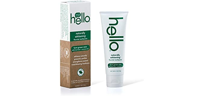 Hello Oral Care Naturally Whitening Fluoride Toothpaste, Vegan & SLS Free, Farm Grown Mint with Tea Tree Oil Coconut Oil, 4.7 Ounce
