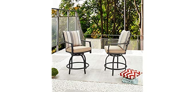 LOKATSE HOME Patio Bar Height Chairs, Outdoor Swivel Bar Stools Chairs with Seat and Back Cushions, High Swivel Armrest Bar Chair Set of 2