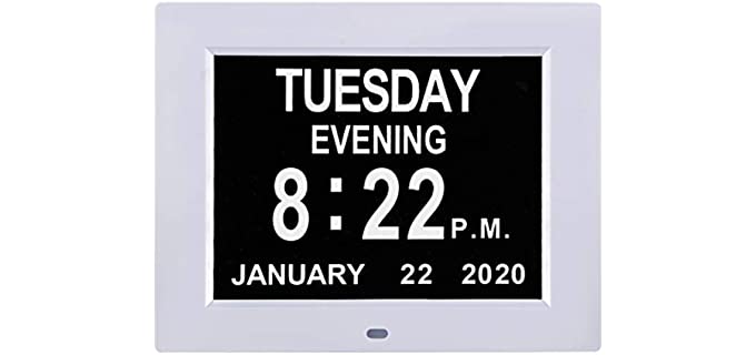 LaMi 8-inch Display Digital Date Day and Time of Week Clock -8 Alarm Reminders,AM/PM Function,Dementia Clocks with Extra Large Non-Abbreviated Day&Month for Seniors, Memory Loss, Alzheimer's ( White)