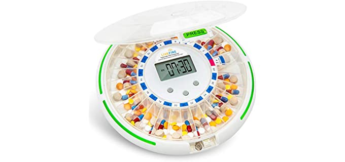 LiveFine Automatic Pill Dispenser with 28-Day Electronic Medication Organizer, 6 Dosage Templates, Easy-Read LCD Display, Sound & Light Alerts & Key for Prescriptions, Vitamins, Supplements & More