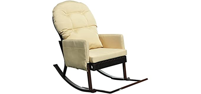 Outdoor Rocking Chair with Foot Rest, All Weather Porch Deck Chair, Outdoor Glider Patio Armchair Lounge Chair, UV Resistant and Anti-Rust Aluminum Frame (Khaki)