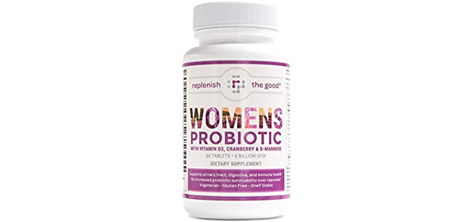 Replenish The Good Womens Probiotic Supplement w/ Vitamin D3, Cranberry & D-Mannose | Supports Urinary Tract, Digestive & Immune Health | Fights Yeast & UTI | 60 Sugar-Free Tablets