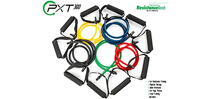 Resistance Bands with Handles by PXT360 | Complete Set of 5 Heavy Weights Exercise Tube Band from 5 to 50 pounds | Physical Therapy Recommended | Great for arms and Shoulders Workout and Strength