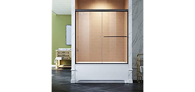 SUNNY SHOWER 60 x 62 Inch Semi Frameless Sliding Bathtub Shower Clear Tempered Glass Door with Aluminum Long Towel Bar Rail, Black Hardware