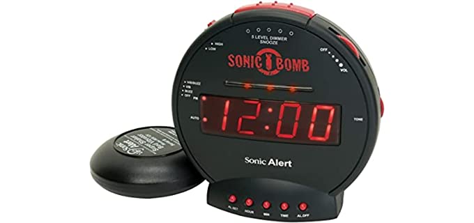 Sonic Bomb Dual Extra Loud Alarm Clock with Bed Shaker, Black | Sonic Alert Vibrating Alarm Clock Heavy Sleepers, Battery Backup | Wake with a Shake