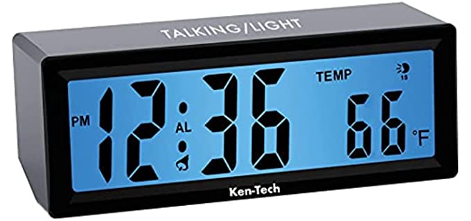Sonnet Talking Alarm Clock for Visually Impaired, Elderly People, Blind - Hourly Voice Notifications, Blue Backlight Large Display Shows Time and Temperature - Loud for Heavy Sleepers by Ken-Tech
