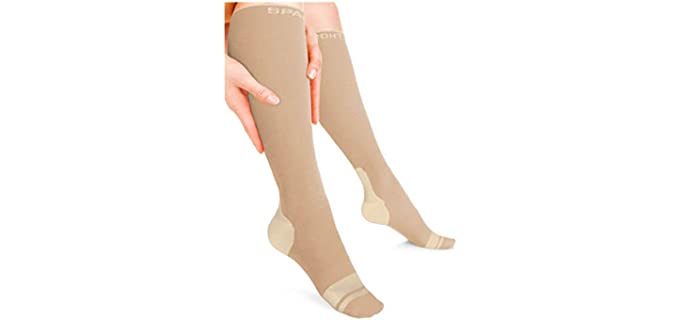 Sparthos Compression Socks (20-30mmHg) - Knee High Sock for Sport, Running, Travel, Medical Support, Pregnancy, Nursing - Calf Long Athletic Compressions Gear Sleeve - for Men and Women (Beige-SM)