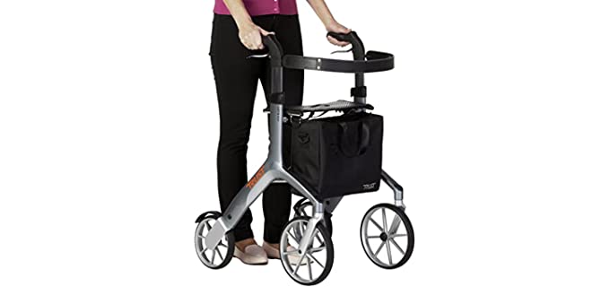 Stander Let’s Fly Rollator, Lightweight Four Wheel Euro Style Walker with Seat and Locking Brakes, Foldable Rolling Walker for Seniors by Trust Care, Gray