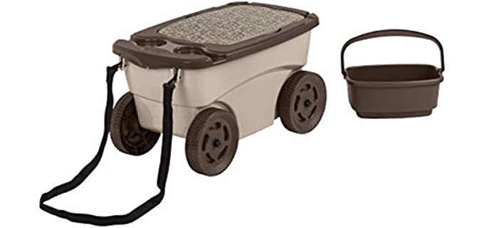 Suncast Outdoor Rolling Garden Scooter - Durable Plastic Portable Garden Seat Rolls in Grass and Dirt - Carries Garden Supplies