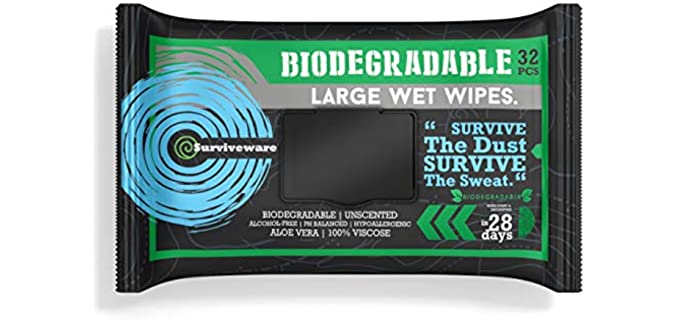 Surviveware Biodegradable Wet Wipes, Face and Body Wipes for Post Workout and Camping, Wipes for Adults, Large Wipes, 32 Count