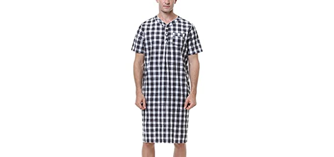 Sykooria Men's Nightshirt Flannel Plaid Nightgown Short Sleeve Henley Kaftan Sleepshirt Comfy Nightwear Black L