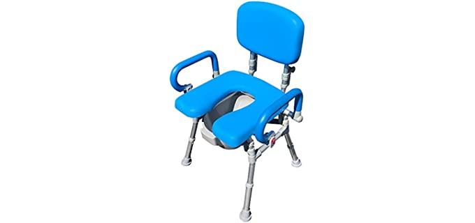 UltraCommode™ Foldable Commode/Shower Chair- Soft, Warm, Padded and Foldable. XL Seat with 100% Open Front, Padded Pivoting Armrests, Adjustable Height. Free Commode Pail. (Blue)
