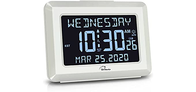 Wallarge Digital Auto Set Large Display Alarm Clock with 8 Time Zones , Plug in Electric Digital Clock with USB Charger, 7 Dimmable Display, Date Day and Seconds