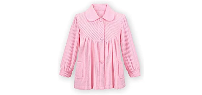 Women's Soft Fleece Button Down Night Shirt with Pockets - Comfy Flattering Fit Over Pajamas or Nightgown, Pink, Medium