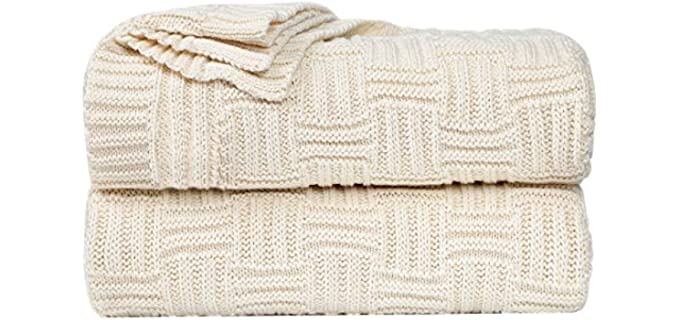 uxcell 100% Cotton Cable Knit Throw Blanket,Soft Lightweight Lap Blanket,Textured Solid Sofa Throw Couch Cover Decors Knitted Blankets, Beige 47