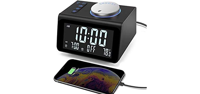 【Upgraded】 Digital Alarm Clock, with FM Radio, Dual USB Charging Ports, Temperature Detect, Dual Alarms, Snooze, 5-Level Brightness Dimmer, Batteries Operated, for Bedroom, Small Sleep Timer (Black)