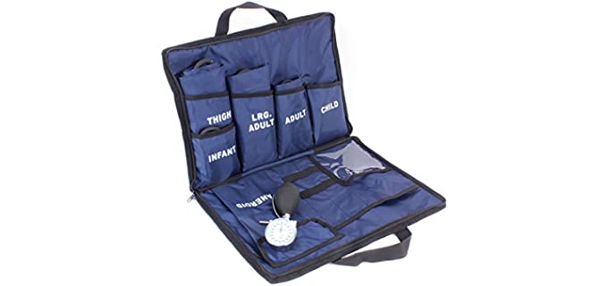 Dixie EMS Aneroid Sphygmomanometer Kit, Manual Blood Pressure Monitor Set with 5 Cuffs for Infant, Child, Adult, Large Adult, Thigh, & Carrying Case – Blue