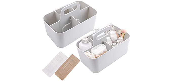 Jucoan 2 Pack Plastic Portable Storage Organizer Caddy Tote, Stackable 5 Slots Divided Basket Bin, Wall Mounted Makeup Organizer Caddy for Bathroom, Dorm Room (Beige, 9.5X 5.75 x4.5 Inch)
