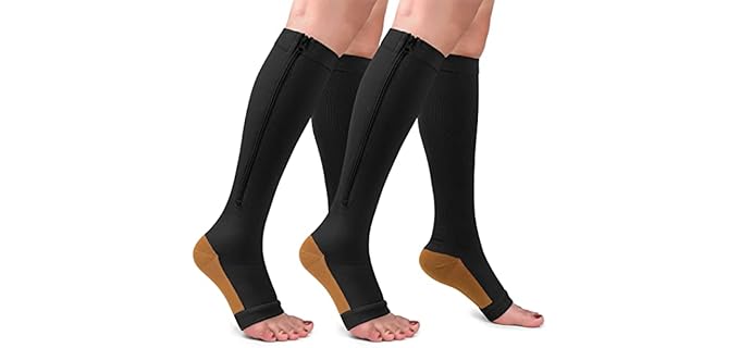 2 Pairs Copper Zipper Compression Socks 15-20mmgh-Calf Knee High Open Toe Support Stocking Compression Stocking