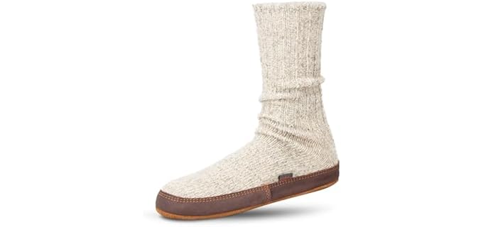 Acorn Unisex Slipper Socks, Flexible Cloud Cushion Footbed with a Suede Sole, Mid-Calf Length, Light Grey Ragg Wool, 8-9 US Women