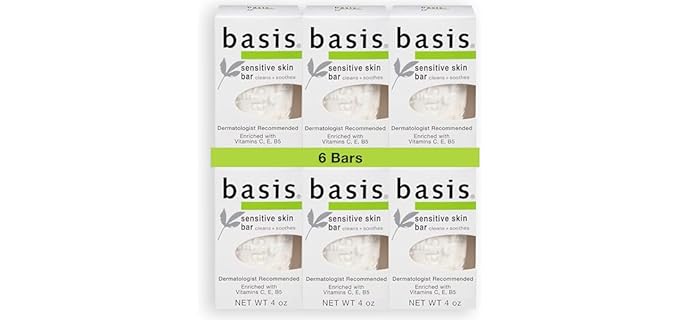 Basis Sensitive Skin Bar Soap for Body, Hands and Face, Unscented Soap Bar for Sensitive Skin with Chamomile and Aloe Vera, 4 Oz, Pack of 6