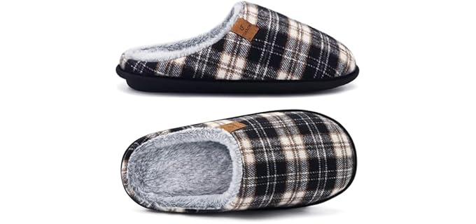 COFACE Mens Womens Black White Flano Plaid Cozy Memory Foam scuff Slippers Slip On Warm House Shoes Indoor/Outdoor With Best Arch Support