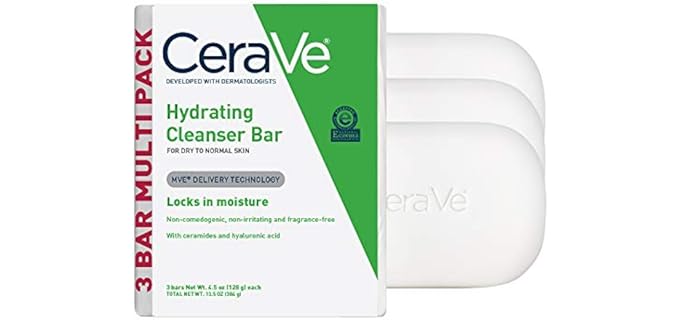 CeraVe Hydrating Cleanser Bar, Soap-Free Body and Facial Cleanser with 5% Moisturizing Cream, Fragrance-Free, 3-Pack, 4.5 Ounce Each
