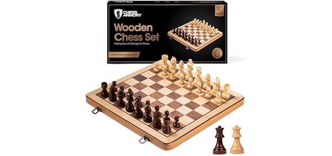 Chess Armory Wooden Chess Set 15 Inch - Premium Beech Wood Handcrafted Game Board for Adults and Kids with Extra Queen Pieces and Storage Box - Ideal for Home and Travel - Non-Magnetic