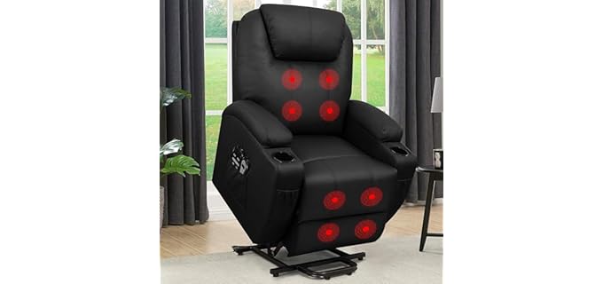 Flamaker Power Lift Recliner Chair PU Leather with Massage for Elderly Ergonomic Lounge Chair Classic Single Sofa with 2 Cup Holders Side Pockets Home Theater Seat (Leather, Light Black)