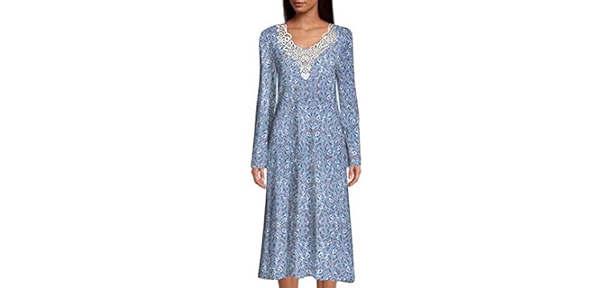 Home Care Line Open Back Nightgown for Ladies Long Sleeve-Assisted Dressing-Floral Print Lace Trim-Hospice Nightgown-Blue-L/XL