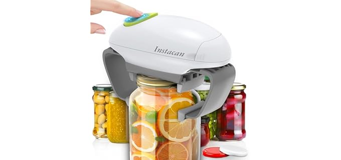 INSTACAN Higher Torque and One Touch Electric Jar Opener Easy Remove Almost Size Lid with Auto-Off, Powerful Bottle Opener for Arthritic Hands, Automatic Jar Opener for Weak Hands and Seniors (White)