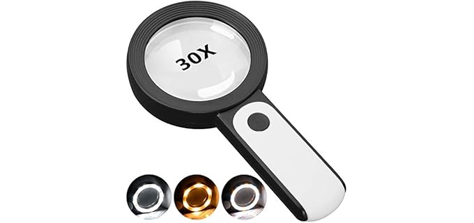 JMH Magnifying Glass with Light, 30X Handheld Large 18LED Cold and Warm Light with 3 Modes, Illuminated Magnifier for Seniors Reading, Inspection, Coins, Jewelry, Exploring