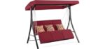 MCombo 3-Seat Convertible Porch Swing for Various Postures, Reclining Outdoor Swing Chair with Chain Armrest, Patio Glider Chair with Thickened Cushions for Backyard, Garden, 4354 (Burgundy)