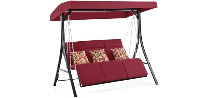 MCombo 3-Seat Convertible Porch Swing for Various Postures, Reclining Outdoor Swing Chair with Chain Armrest, Patio Glider Chair with Thickened Cushions for Backyard, Garden, 4354 (Burgundy)
