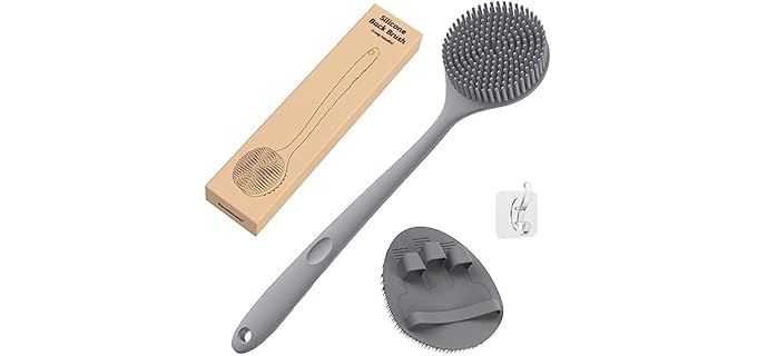 Manmihealth Silicone Back Scrubber(Thick Bristles) & Soft Bath Glove Set, Super-Exfoliating Body Scrubber & Super-Lathering Shower Brush Combination, with a Free Hook.(Gray)