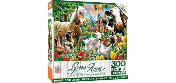 MasterPieces - 300 Piece Jigsaw Puzzle, Large EZ Grip Shapes, Garden Gathering, Fun for Adults, Seniors, Family, Kids, Matte Finish, 18