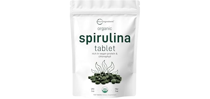 Micro Ingredients Organic Spirulina Supplement, 3000MG Per Serving, 720 Tablets (4 Month Supply), No Filler & Non-GMO, Rich in Vegan Protein, Vitamins & Prebiotics, Premium Spirulina Pills