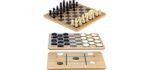 Regal Games - Reversible Wooden Board for Chess, Checkers & Tic-Tac-Toe - 24 Interlocking Wooden Checkers and 32 Standard Chess Pieces - for Age 8 to Adult for Family Fun